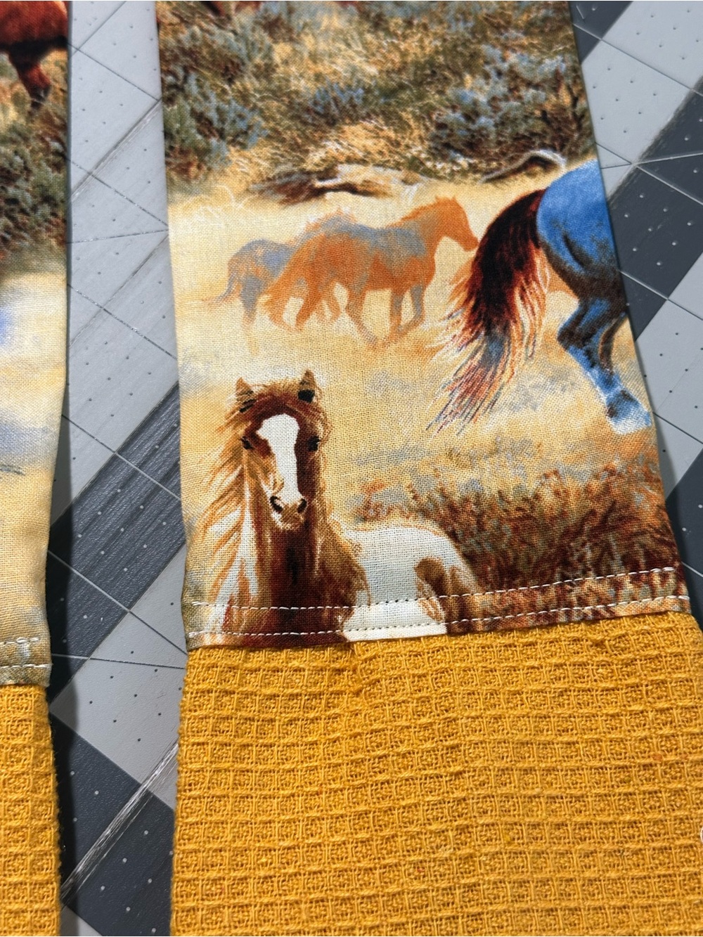 Handmade Wild Horse Print Kitchen Scarf in Mustard and Multi - Picture 6 of 10